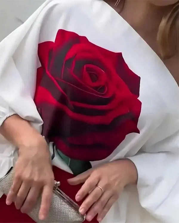 Rose Print Lantern Sleeve Top