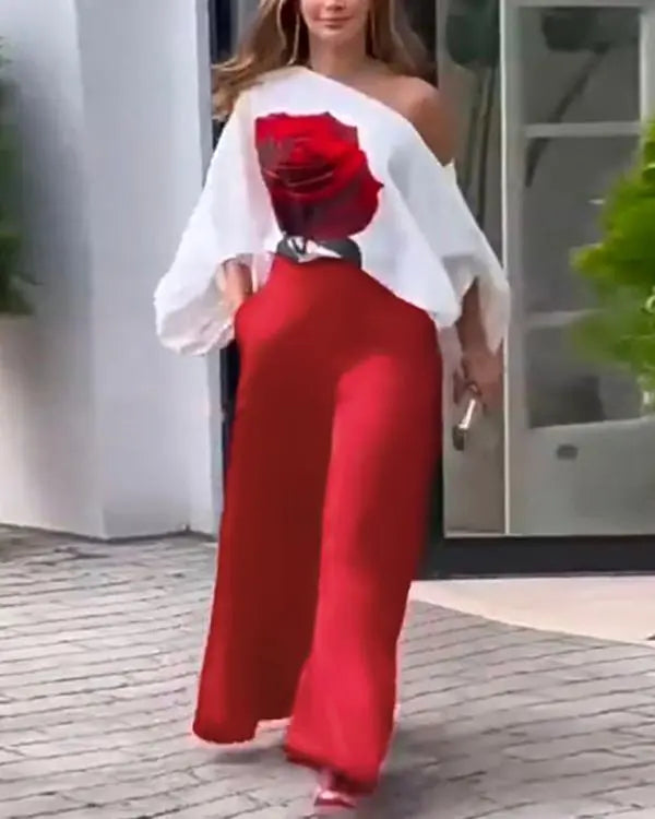 Rose Print Lantern Sleeve Top