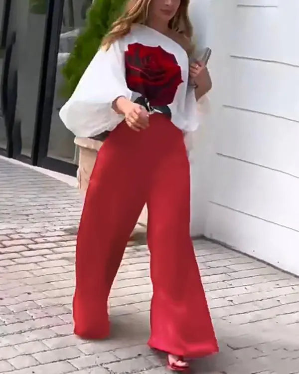 Rose Print Lantern Sleeve Top
