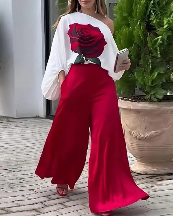 Rose Print Lantern Sleeve Top