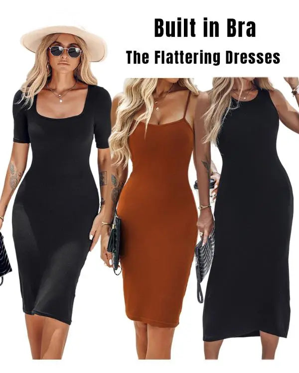 ShapeSculpt Shapewear Dress Bodycon Midi Dress Built-in Bra Summer Casual Tummy Control Slip Dress with Adjustable Straps