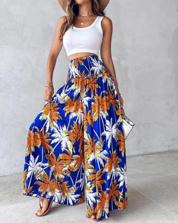 Coconut Tree Print Shirred Wide Leg Pants