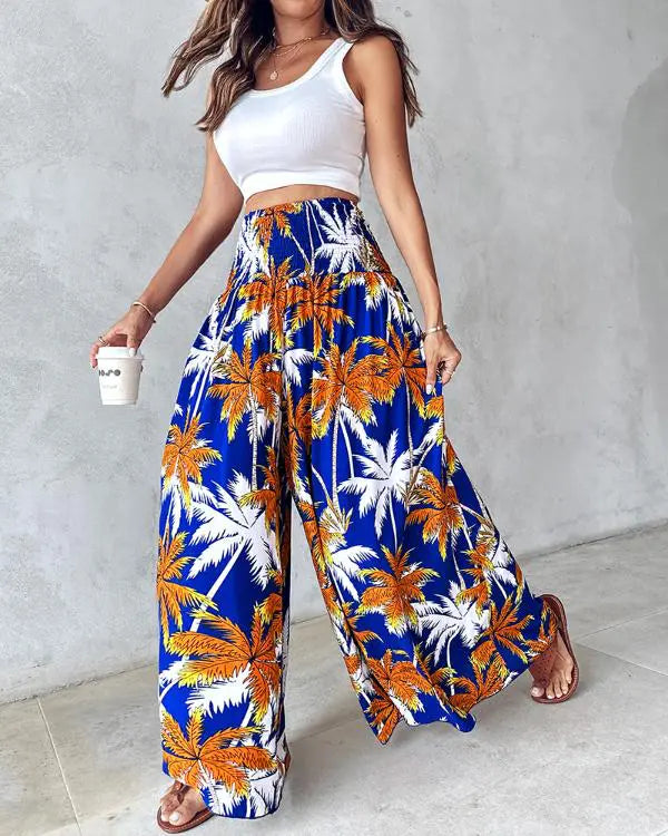 Coconut Tree Print Shirred Wide Leg Pants