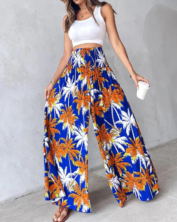 Coconut Tree Print Shirred Wide Leg Pants