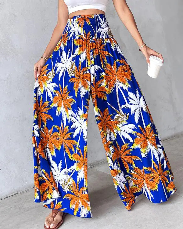 Coconut Tree Print Shirred Wide Leg Pants