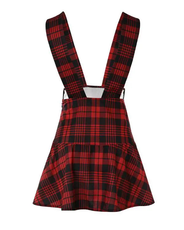 Button Design Plaid Print Suspender Skirt