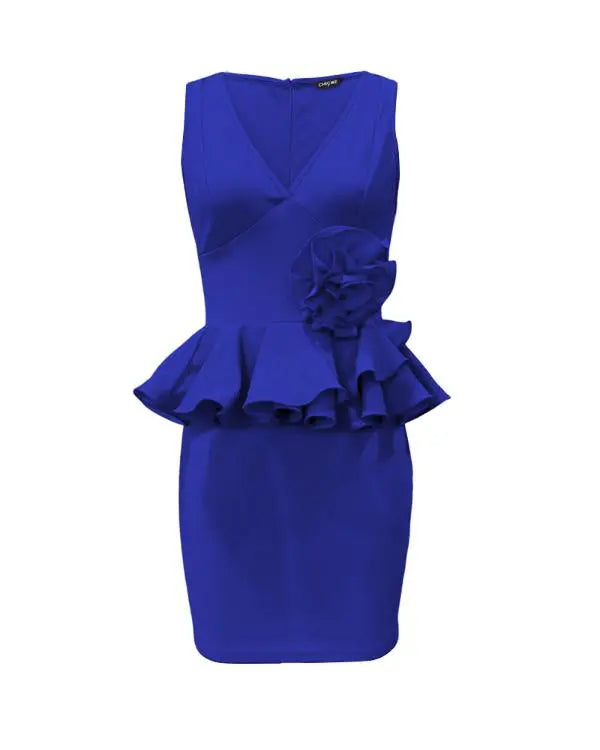 Rose Detail Ruffle Hem V-Neck Bodycon Dress
