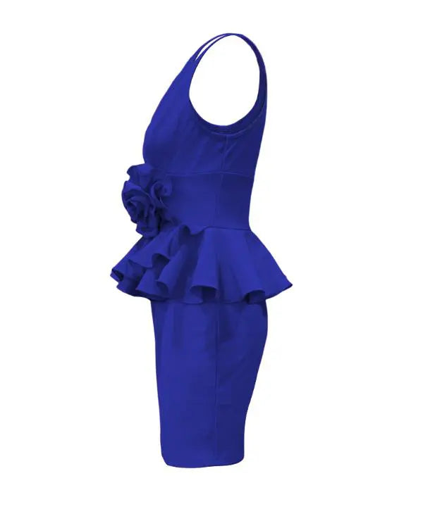Rose Detail Ruffle Hem V-Neck Bodycon Dress