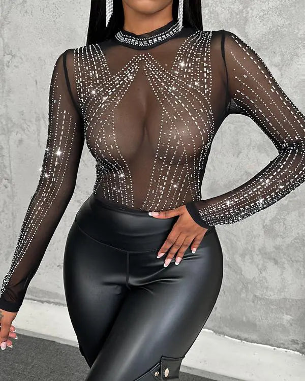 Rhinestone Round Neck Mesh Slim Fit Elegant Bodysuit