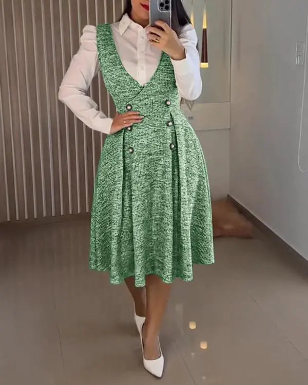 V-Neck A Line Front Botton Thick Strap Mid-Calf Dress Causal Dress