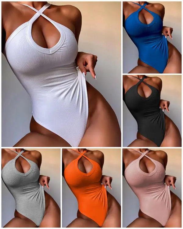 Plain Knit Sleeveless Halter Bodysuit