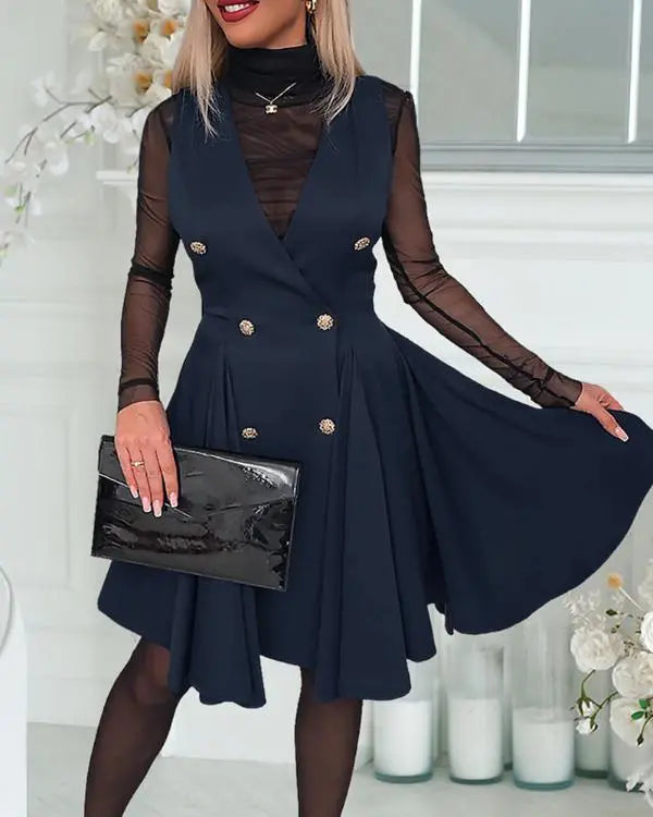 Deep V-Neck Sleeveless Metal Button Criss Cross Flare Midi Dress Work Dress
