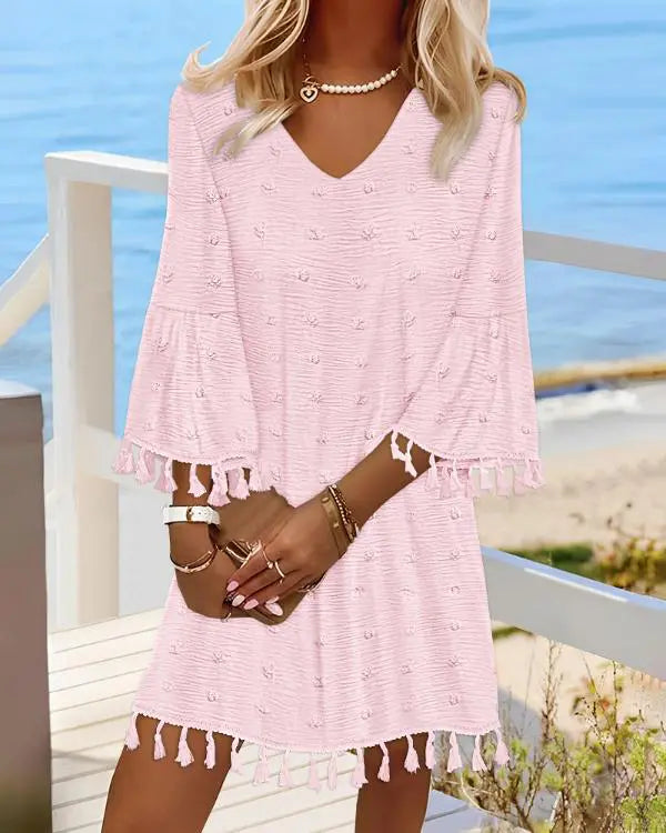 Polka Dot V-Neck Bell Sleeve Mini Dress Casual Loose Fit Dress