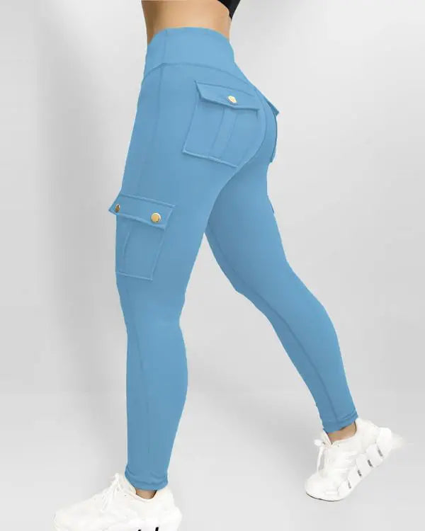 Camouflage Print High Waist Skinny Button Leggings with Pocket Casual Pants