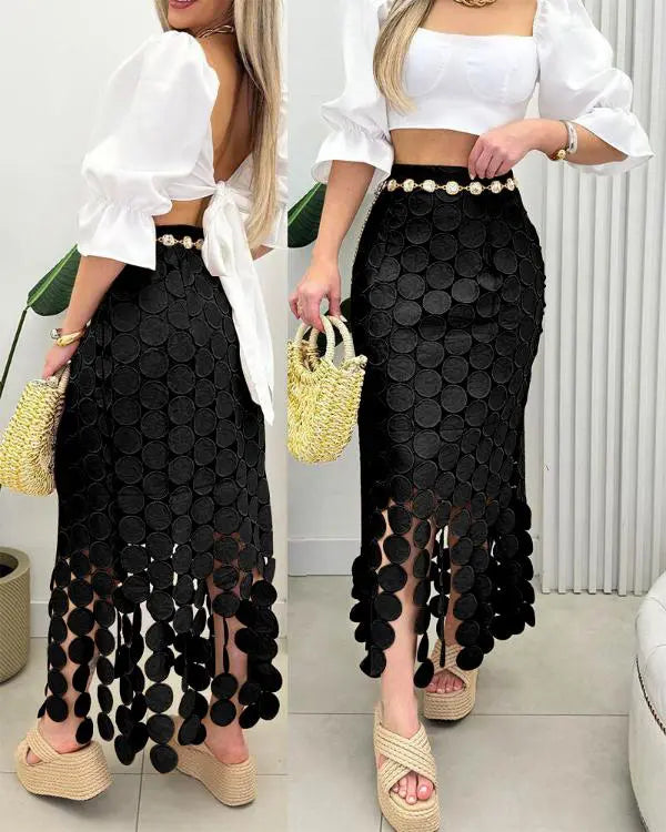 Hollow-out Boho Tassel Slim Fit Bodycon Long Skirt