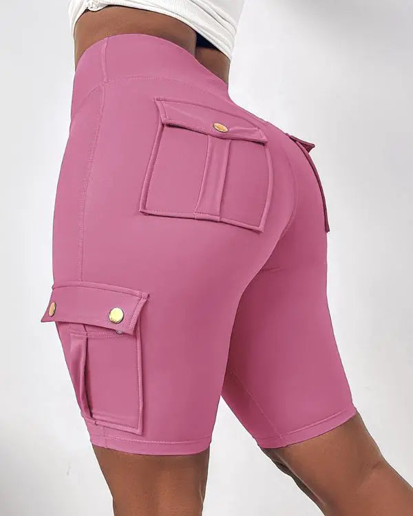 Tummy Control Butt Lifting Active Shorts High Waist Flap Pocket Workout Bermuda Cargo Running Shorts