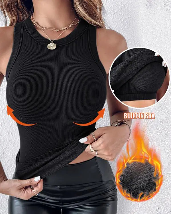 Built-in Bra Crewneck Tank Top Terry Towelling Lined Sleeveless Slim Fit Layering Shirt Tops