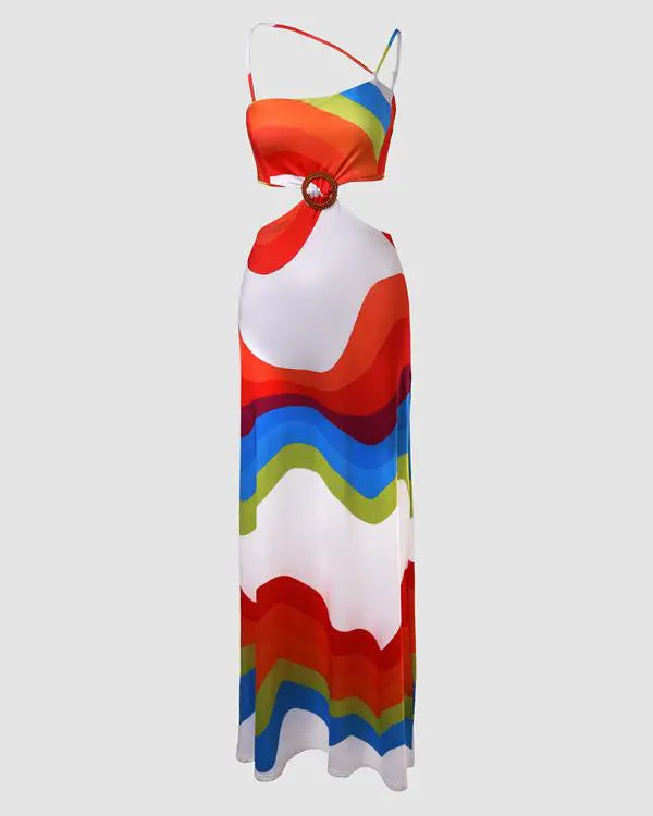 Rainbow Stripe Print Hollow Out Maxi Dress