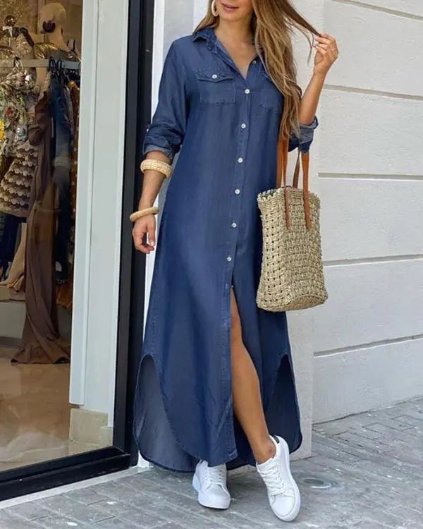 Turn-down Collar Long Sleeve Denim Shirt Dress Buttoned Casual Maxi Dress