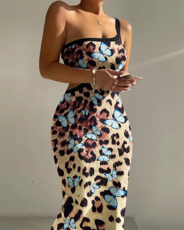 Floral Print One Shoulder Cutout Ribbed Bodycon Dress