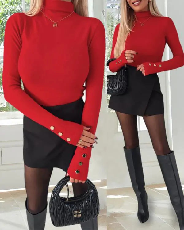 Mock Neck Long Sleeve Button Detail Shirts Slim Fit Pullover Top