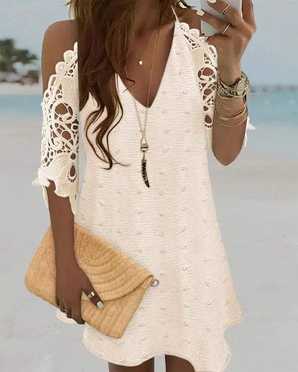V-Neck Cold Shoulder Sleeveless Lace Hem Straight Dress Vacation Dress