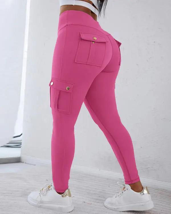 Camouflage Print High Waist Skinny Button Leggings with Pocket Casual Pants