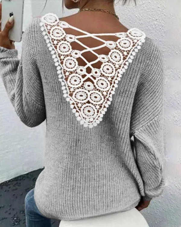 V-Neck Contrast Lace Knit Sweater Long Sleeve Criss Cross Pullover Top