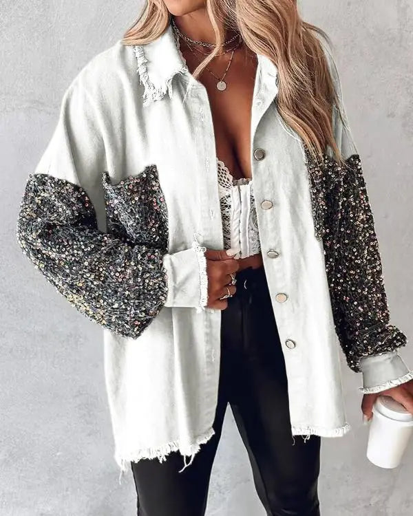 Contrast Sequin Turn-down Collar Long Sleeve Tassel Design Fuzzy Shacket with Pocket