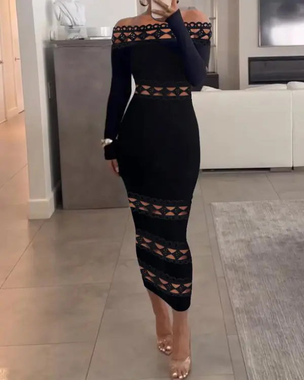 Off Shoulder Long Sleeve Lace Patch Midi Dress