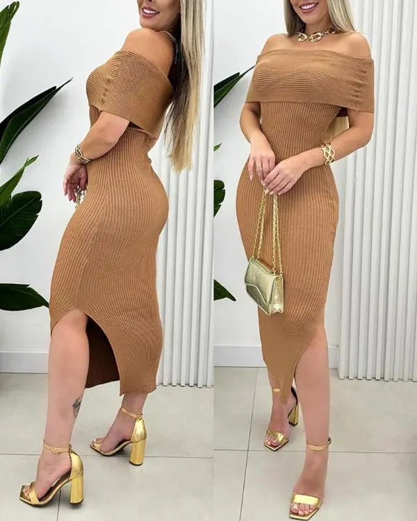 Off Shoulder Slit Knit Bodycon Sweater Dress Cocktail Party Dresses