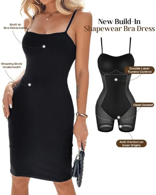 ShapeSculpt Shapewear Dress Bodycon Midi Dress Built-in Bra Summer Casual Tummy Control Slip Dress with Adjustable Straps