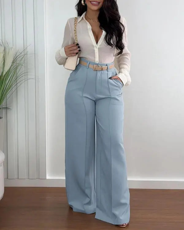 High Waist Wide Leg Pants Work Pants with Pocket