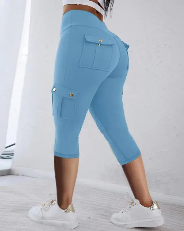 Camouflage Print High Waist Skinny Button Leggings with Pocket Casual Pants