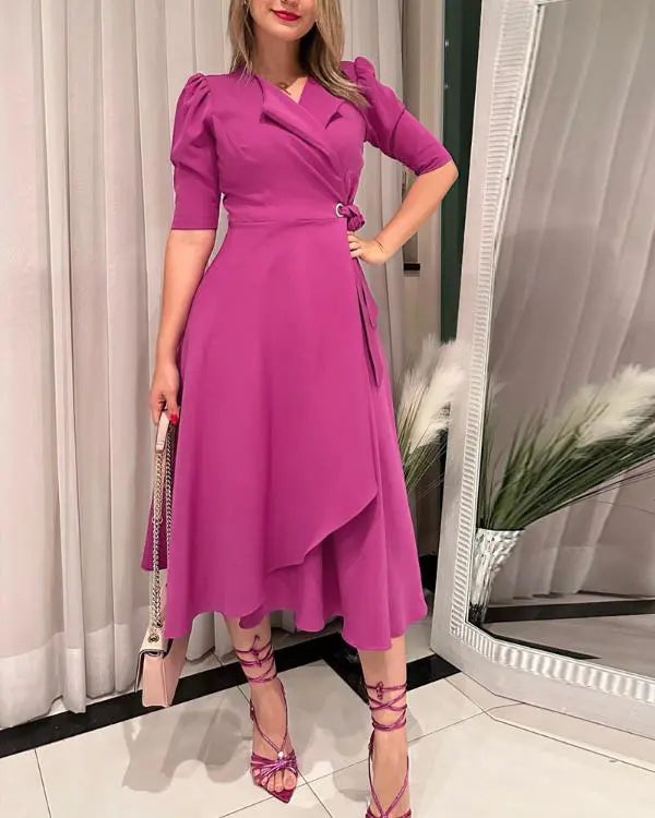 V-Neck Puff Sleeve Ruffles Waist Drawstring Mid-Calf Dress Casual Dress