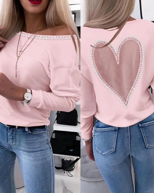 Heart Pattern Sheer Mesh Round Neck Long Sleeve Beaded Sheer Mesh Tee Casual Top