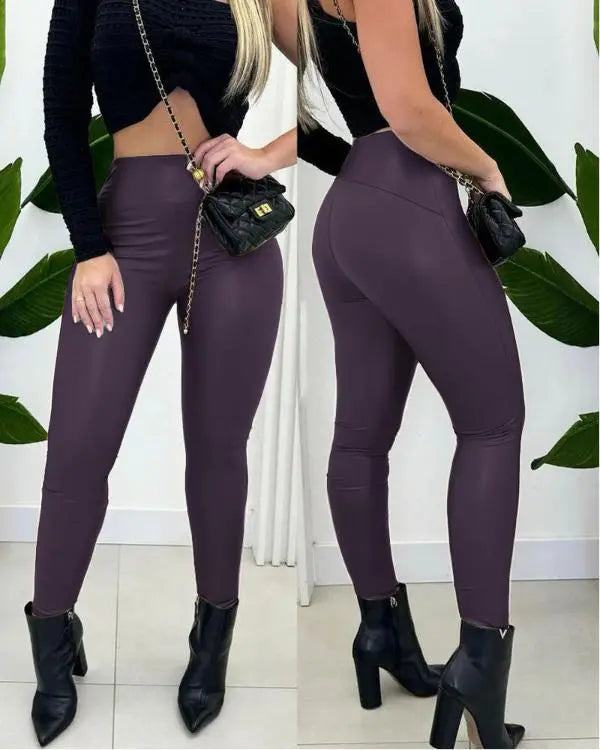 CurveEase PU Leather Leggings High Waist Curved Fleece Lined Tights Casual Pants