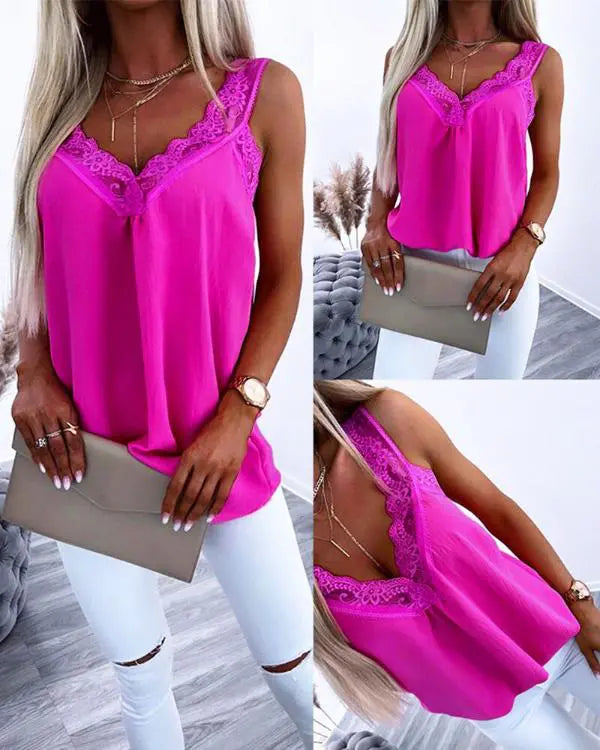 V-Neck Contrast Lace Tank Top