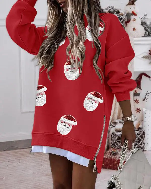 Christmas Rhinestone Wine Glass Pattern Casual Dress Zipper Design Crewneck Long Sleeve Sweatshirt