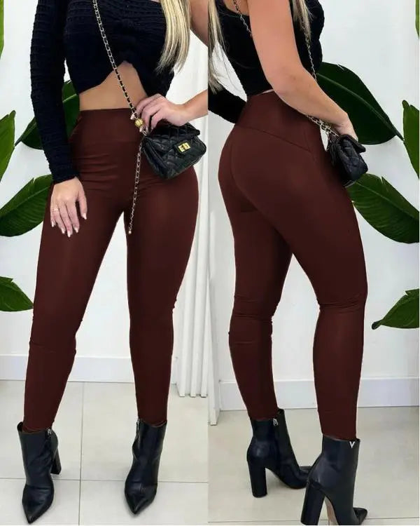 CurveEase PU Leather Leggings High Waist Curved Fleece Lined Tights Casual Pants