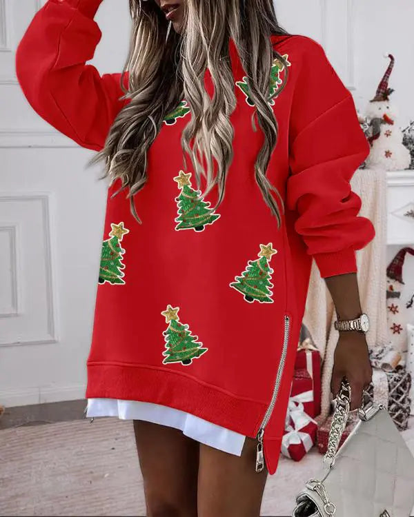 Christmas Rhinestone Wine Glass Pattern Casual Dress Zipper Design Crewneck Long Sleeve Sweatshirt