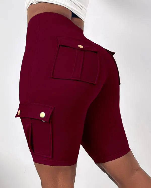 Tummy Control Butt Lifting Active Shorts High Waist Flap Pocket Workout Bermuda Cargo Running Shorts