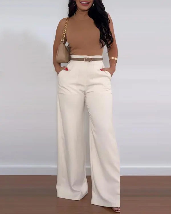 High Waist Pocket Design Flared Pants Casual Loose Fit Pants