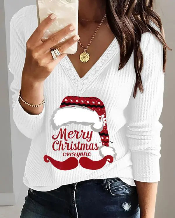 Merry Christmas Everyone Cartoon Print V-Neck Contrast Lace Top