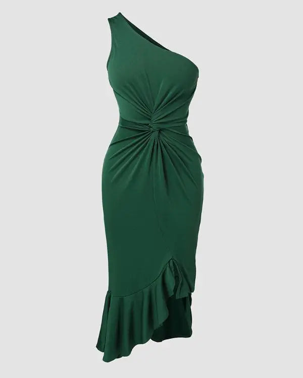 One Shoulder Ruffle Hem Asymmetrical Twist Slit Dress