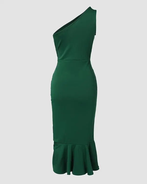 One Shoulder Ruffle Hem Asymmetrical Twist Slit Dress