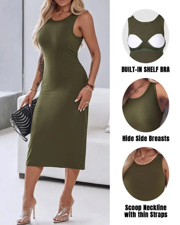 ShapeSculpt Shapewear Built-in Bra Tank Bodycon Dress Sleeveless Crew Neck Slim Casual Ribbed Mid-calf Dress