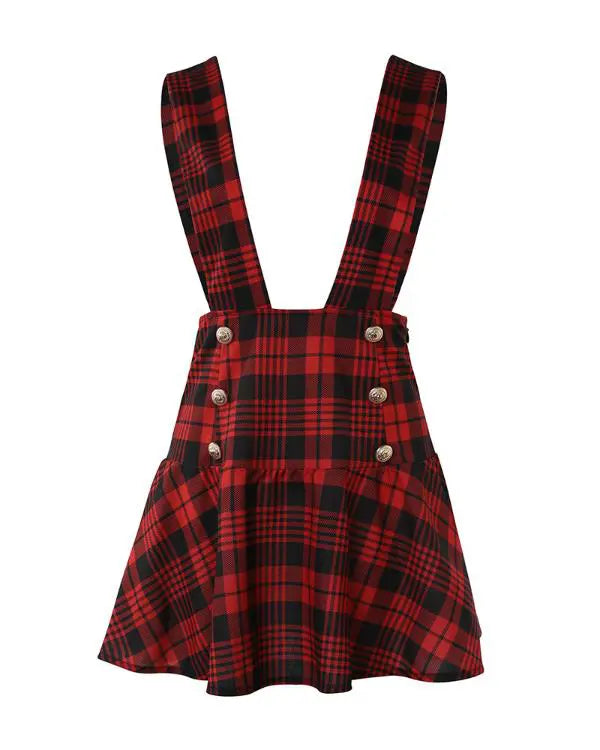 Button Design Plaid Print Suspender Skirt