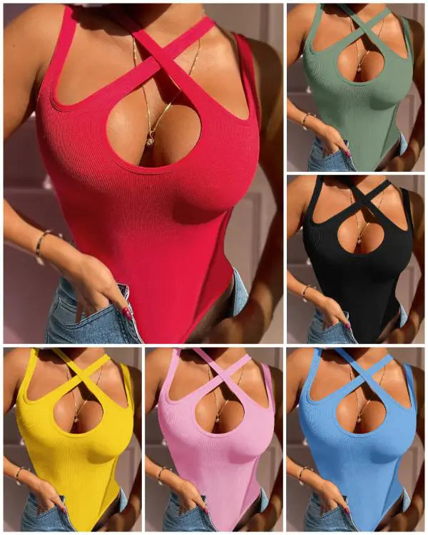 Trendy Criss Cross Asymmetrical Neck Sleeveless Thong Bodysuits Tops Clubwear