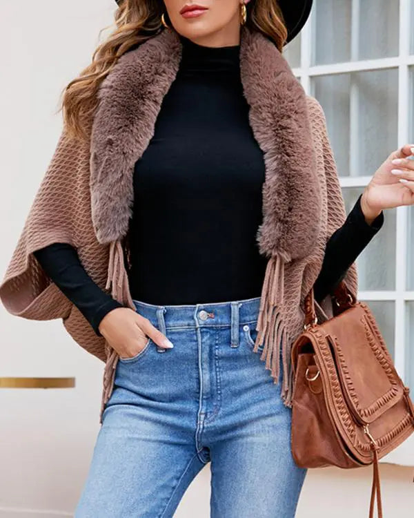 Fuzzy Collar Shawl Poncho Knit Cardigan